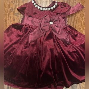 Rare editions Elegant Burgundy Dress with Bow and Floral Accents 12 month